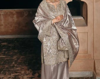 Silver Grey Embroidered Pakistani 3-Piece Suit,Embalished with perals n stones