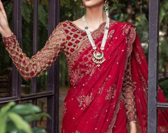 Latest red saree pakistani indian wedding eid festive guest nikkah outfit