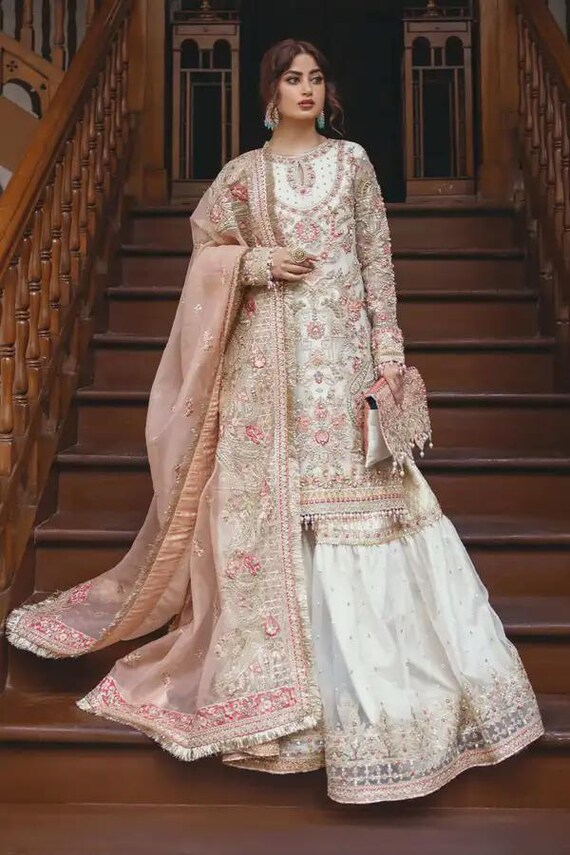 OFF white pink Nikkah sharara set pakisatni indian wedding guest Eid festive outfit