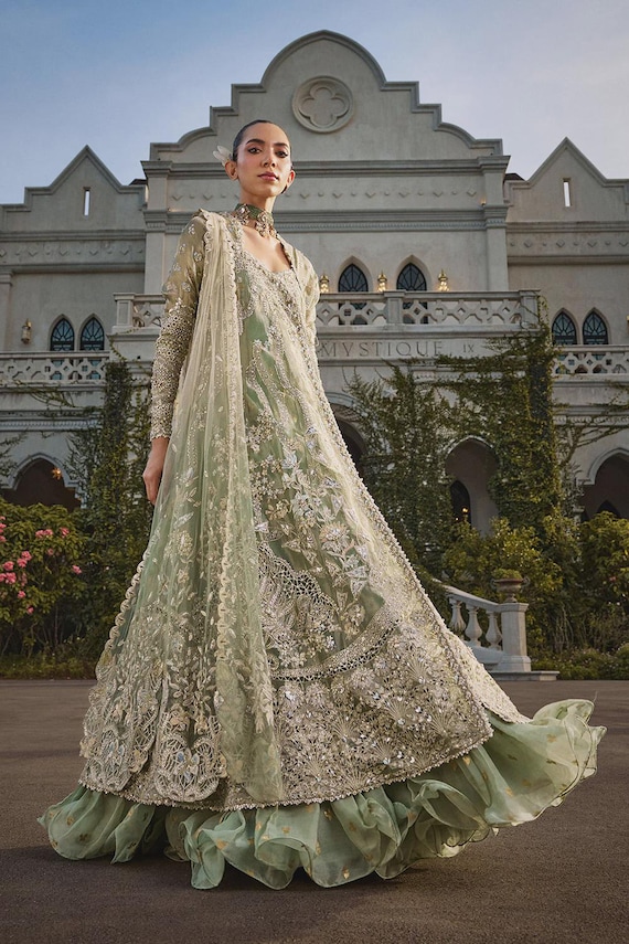 Luxury green gown pakistani indian wedding guest festive outfit
