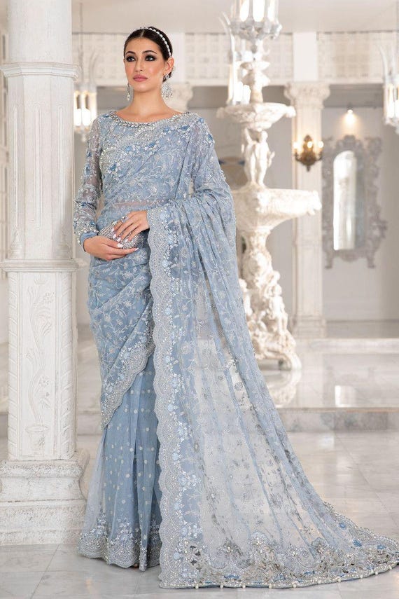 Ice blue designer saree Pakistani indian wedding party guest outfit