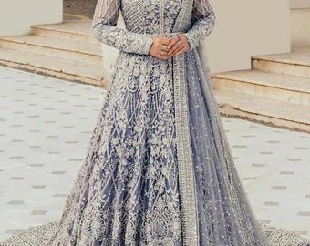 Ice Blue dress  Net Maxi Gown, Hand-Embellished Anarkali Wedding Dress.