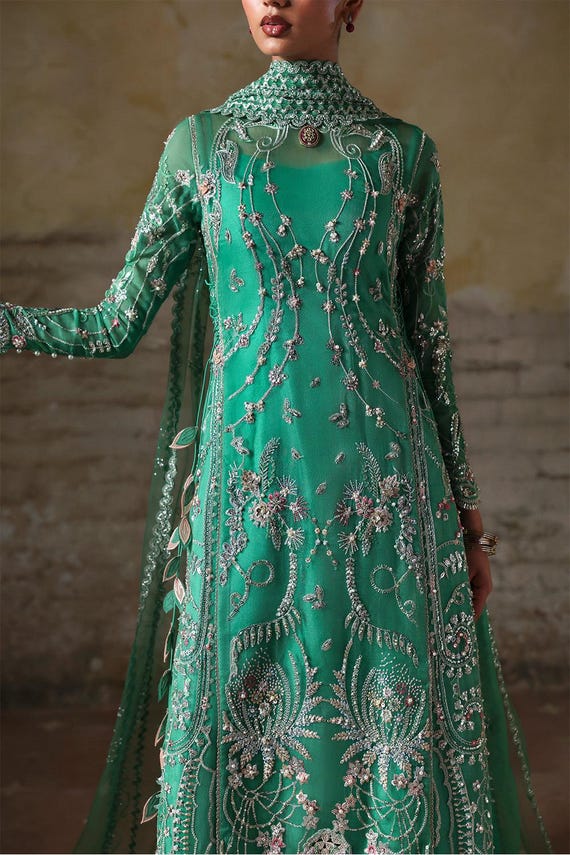 Latest pakisani  green hand made bridal dress nikkah barat mehndi guest festive Eid outfit