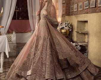Peach pink pishwas bridal dress Pakistani indian wedding guest outfit