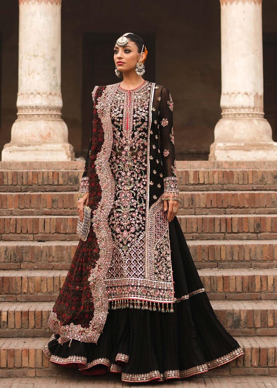 Embroidered black sharara kurta Pakistani Indian wedding dress festive outfit