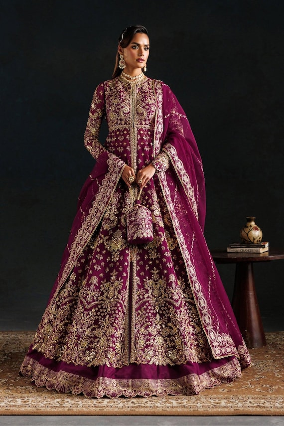 Embroidered Organza Pakistani Wedding Dress Raw Silk Lehenga, Hand Embellished Panels