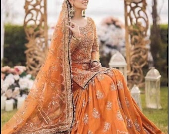 Latest bridal Orange Gharara Pakistani Wedding dress indian embroidered mehndi mayo outfit