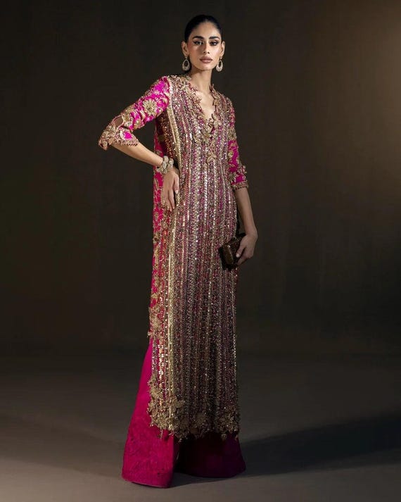 Pakistani designer dress deep pink long shirt party wear dress