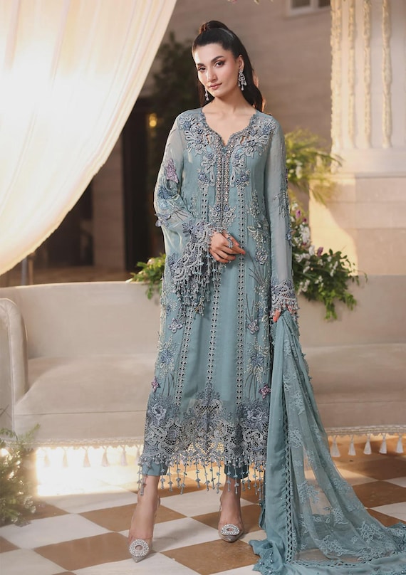 Slate blue 3 piece embroidered chiffon suit pakistani indian wedding party outfit