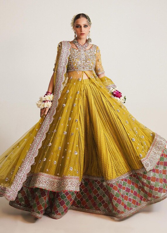 Lime yellow net lehenga peshwas Pakistani indian mehndi mayo Haldi dress guest outfit