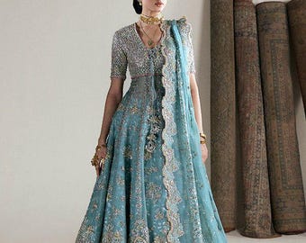 Aqua blue maxi pishwas pakistani indian wedding engagement party festive wear guest outfit