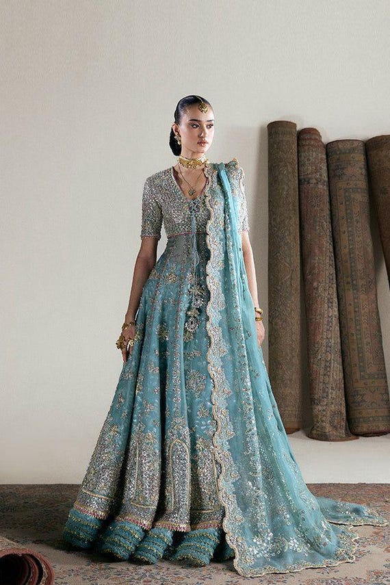 Aqua blue maxi pishwas pakistani indian wedding engagement party festive wear guest outfit