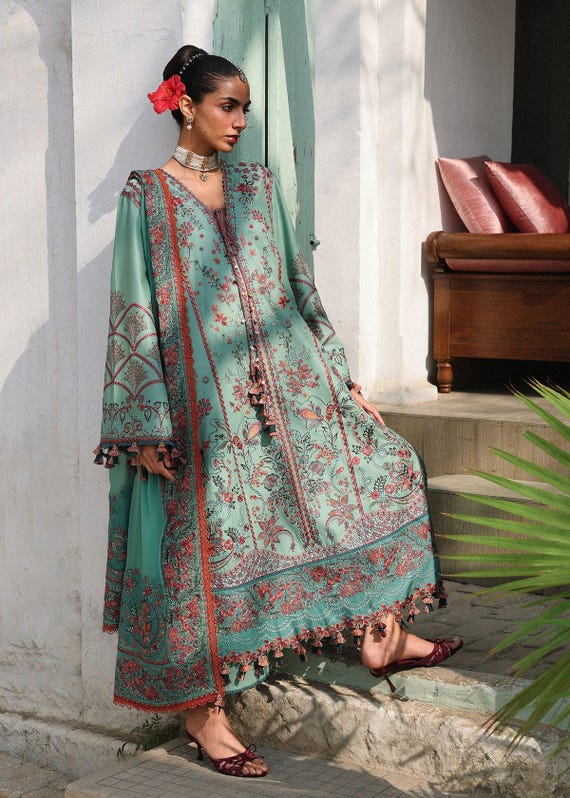 Luxury lawn aqua green designer dress eid festive party wear guest outfit