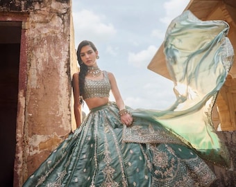 Latest green lehenga choli pakistani indian wedding mehndi nikkah barat outfit