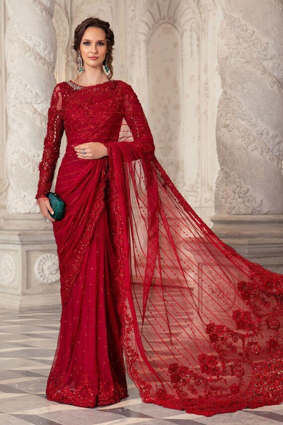 Red net saree handmade embroidered pakistani indian wedding festive outfit
