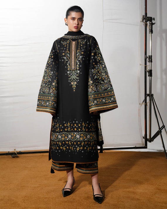 Latest black lawn salwar kameez festive eid dress party guest outfit