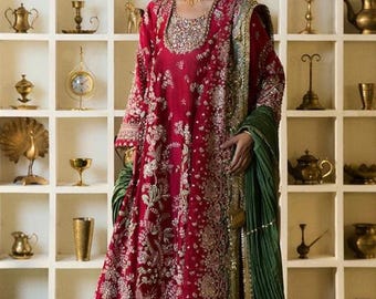 Red Embroidered Silk Pishwas Gown | Pakistani Bridal Anarkali ,Luxury Wedding Guest