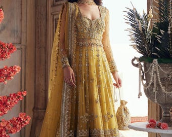 Royal Yellow mari gold maxi dress pakistani indian wedding dress party outfit