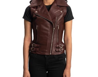 Handmade Women’s Moto Leather Vest – Vintage Brown Sleeveless Biker Jacket