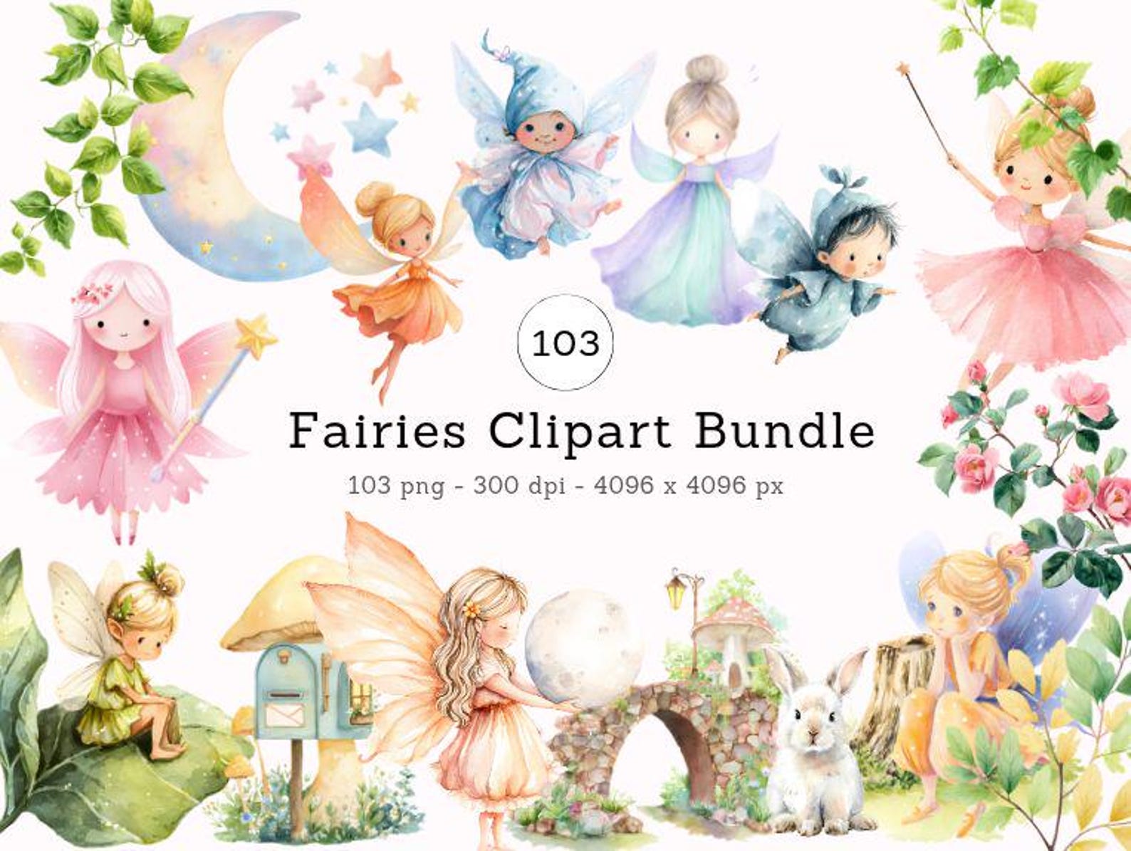 Cute Watercolor Fairy Clipart Bundle PNG Commercial Use Instant ...