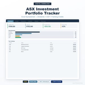 May include: A digital download of an ASX Investment Portfolio Tracker Excel spreadsheet. The spreadsheet displays portfolio value, total cost, unrealized gain, and dividend yield. It includes asset allocation and top holdings data. The design is white and navy blue.