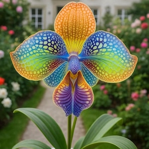 May include: A vibrant orchid flower with a unique color gradient. The petals transition from orange to yellow, blue, green, and purple. The flower sits atop a green stem with large leaves, potted in a white container. The background features a blurred garden and a house.