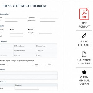 Könnte beinhalten: Ein weißes Formular für den Urlaubsantrag von Mitarbeitern mit der Überschrift "EMPLOYEE TIME-OFF REQUEST" oben. Das Formular enthält Abschnitte für Mitarbeiterinformationen, Detailangaben zur Anfrage und Gründe für die Anfrage. Die rechte Seite des Formulars enthält Symbole und Text: PDF FORMAT, VOLL EDITIERBAR, US LETTER & A4 SIZE und SAUBERES MINIMALES DESIGN.