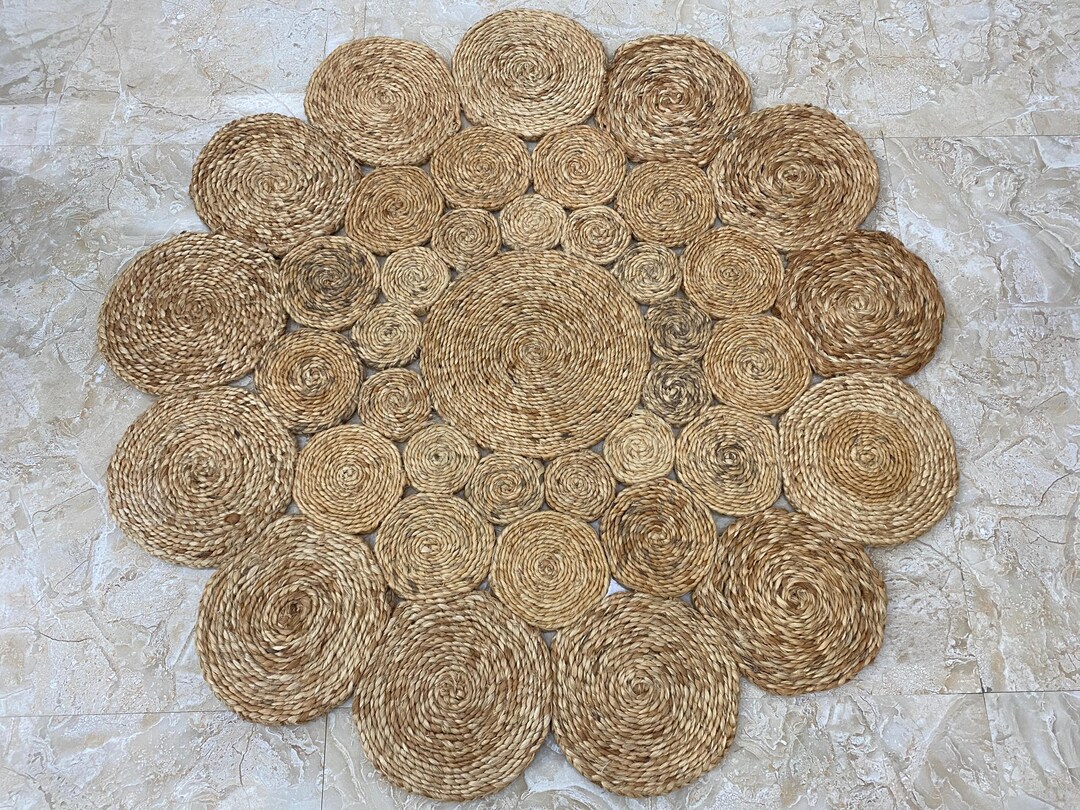 Hand Stitched Jute Rug, Boho Circular Pattern, Braided Natural Carpet ...