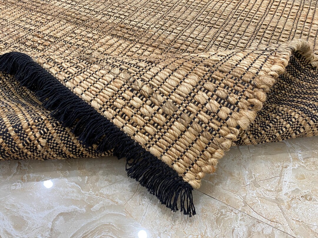 Handwoven Jute Rug Gold Black Fringe, Boho Natural Fiber Dhurrie ...
