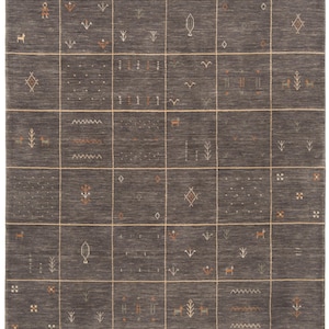 Alfombra Gabbeh gris de patchwork de 8 x 10 pies, alfombra de área de lana y algodón tejida a mano, alfombra de sala de estar estilo boho escandinavo con cuadrícula tribal.