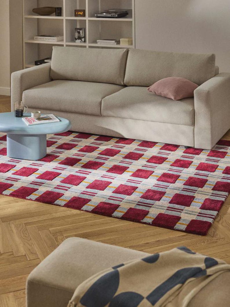 Rob Rests On The Red Rug Hand Tufted Red Beige Geometric Checkered Rug, Viscose Silk Blend Area ...