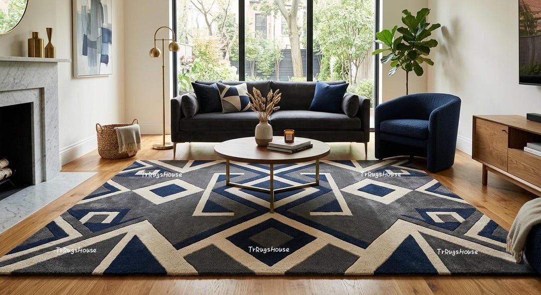 Scandinavian Style Navy & Ivory Geometric Carpet | Luxe Minimalist Hand ...