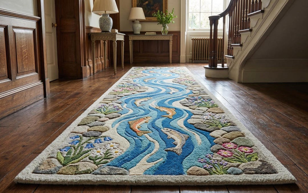 Artistic Stream Landscape Tufted Hallway Rug | Botanical River Design ...