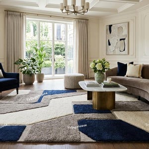 Luxury Contemporary Patchwork Wool Rug – Beige & Deep Blue | Designer Artistic Floor Rug with Sculpted Texture
