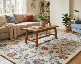 Floral Vine Cozy Bedroom And Living Room Rug | Artisan Wool Flower Cream Background Statement Rug | Traditional Cream & Blue Floral Rug