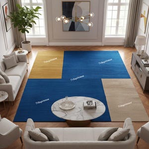 Minimalist Color Block Living Room Rug | Luxury Handwoven Geometric Statement Rug | Artistic Modern Patchwork Style Area Rug