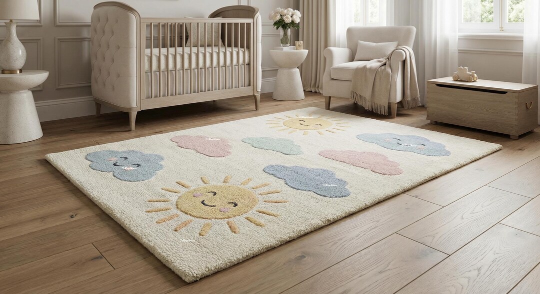Baby Rooom Rugs Modern Minimalist Sun & Clouds Kids Area Rug | Storybook Sky Theme ...