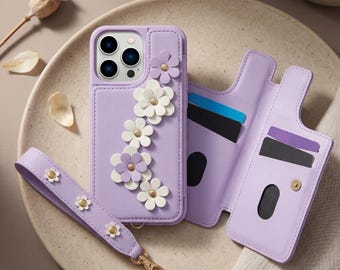 Floral Wallet Phone Case with Card Holder, Crossbody Strap, iPhone Cover