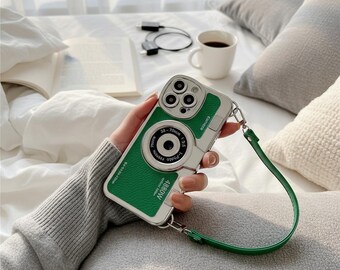 Luxury 3D Leather iPhone Case with Hand Strap, Korea Japan Style Camera Design Cover