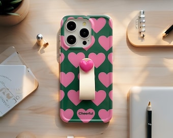 Pink Heart iPhone Case with Ring Strap, Geometric Chic Bumper Cover