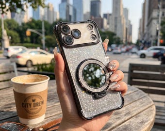Glitter Gradient iPhone Case with Mirror and Holder, Shockproof Bumper Protection