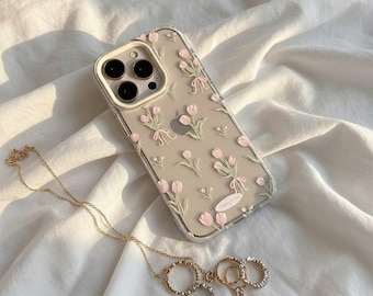 Pink Tulip Floral Clear iPhone Case, Shockproof Protective Cover (iPhone 17 Pro Max)