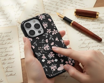 Green Leaf Pink Flower iPhone Case, Soft Shockproof Botanical Floral Cover