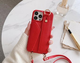 PU Leather iPhone Wallet Case with Card Holder, Crossbody Strap