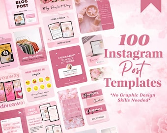 100 Instagram Post Templates for Canva | Feminine Pink Social Media Kit | Editable Content Bundle