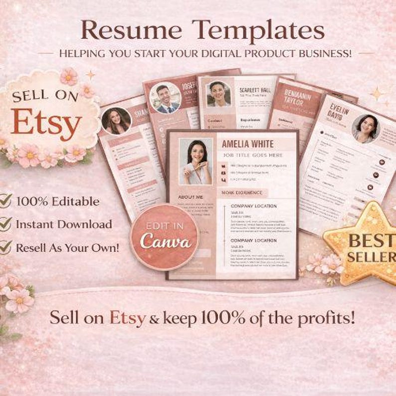 Pode incluir: Uma cole&ccedil;&atilde;o de modelos de curr&iacute;culo em tons de rosa e bege. A imagem inclui o texto "Resume Templates" e "Sell on Etsy". Os modelos s&atilde;o anunciados como 100% edit&aacute;veis e de download instant&acirc;neo. Uma estrela dourada diz "Best Seller".