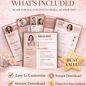 Pode incluir: Uma cole&ccedil;&atilde;o de modelos de curr&iacute;culo em tons de rosa e bege com fotos. O texto "WHAT'S INCLUDED" e "READY FOR YOU CONTENT TO RESELL AS YOUR OWN" est&atilde;o no topo. A imagem tamb&eacute;m inclui o texto "Easy to Customize", "Instant Download" e "Done For You Content".