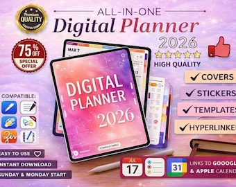 All-in-One Digital Planner 2026-2028 – Hyperlinked Daily, Weekly, Monthly (GoodNotes, iPad)