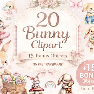 Puede incluir: Una colección de arte digital con 20 imágenes prediseñadas de conejitos, con objetos extra de bonificación. Las ilustraciones muestran conejitos en varias poses y atuendos, con una paleta de colores pastel suave. El texto incluye "20 Bunny Clipart" y "+15 Bonus Objects".