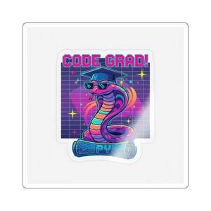 May include: A sticker featuring a cartoon cobra wearing sunglasses and a graduation cap. The snake is multi-coloured, with a scroll that says "PY". The text "CODE GRAD!" is above the snake, set against a purple grid background with stars.